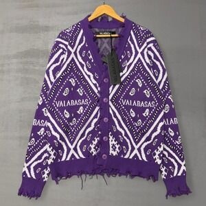 NEW Valabasas The Pledge Cardigan Purple Paisley Distressed Knit Sweater Medium